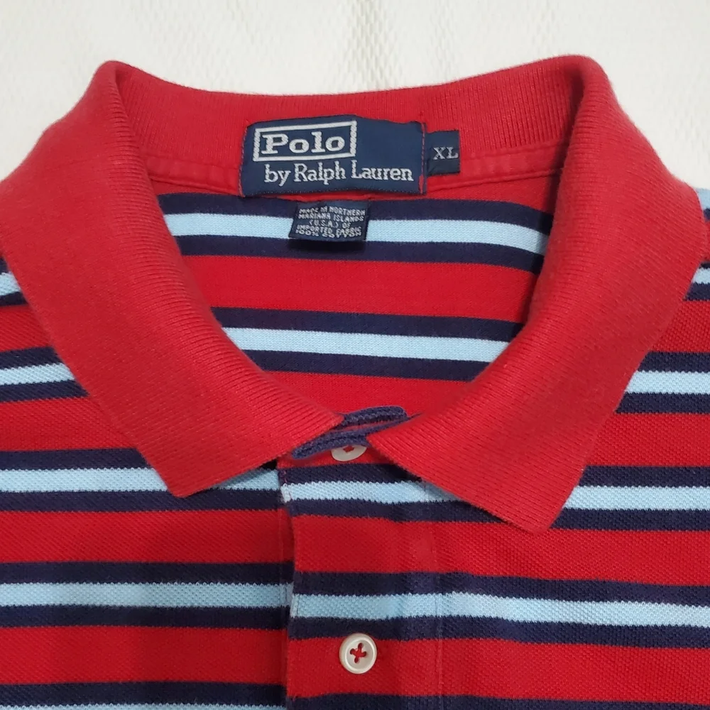 POLO Ralph Lauren Red Blue Striped Cotton Pique Polo Shirt Mens XL